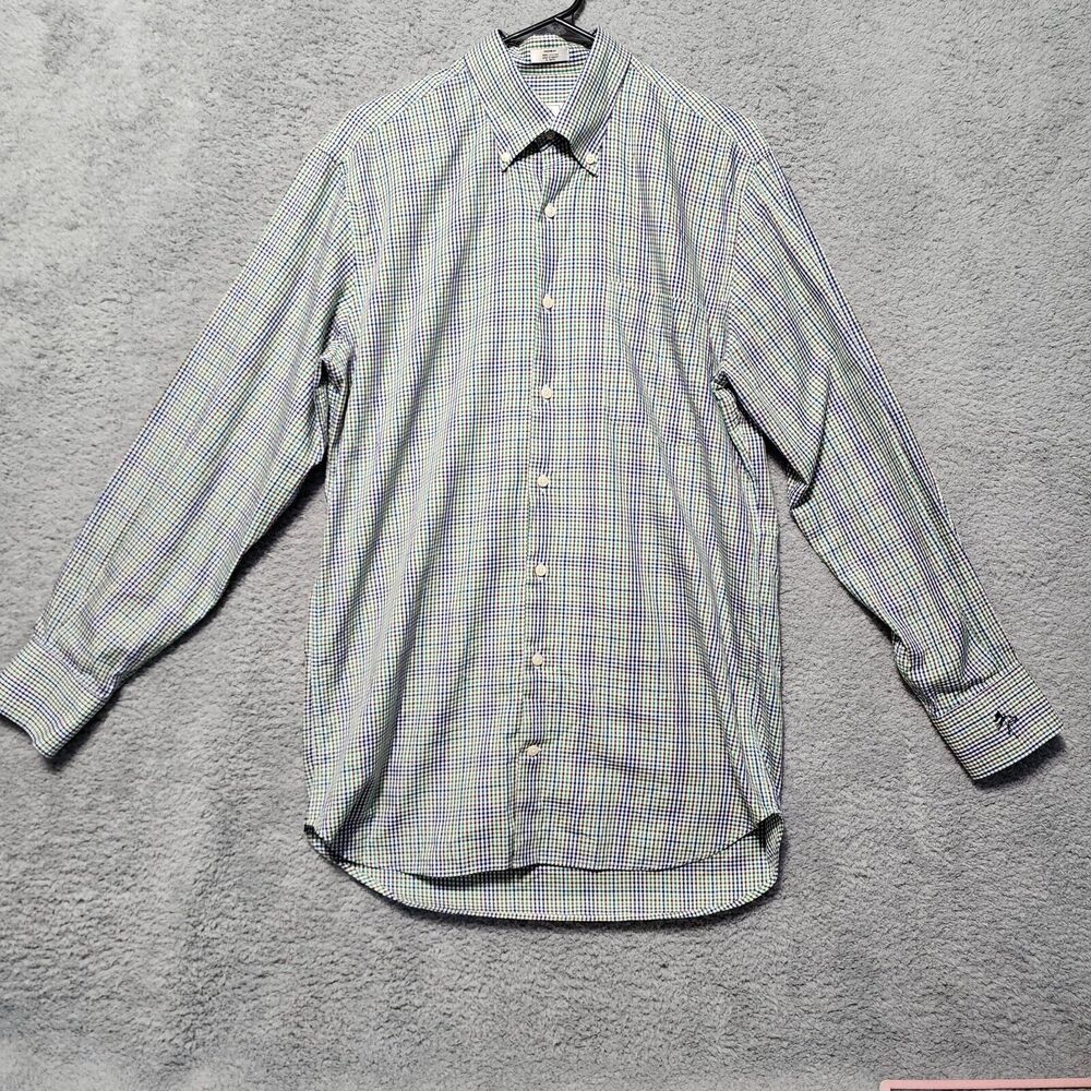 Peter Millar Dress Shirt‎ Blue Brown Green Plaid Button Front Embroidered Medium